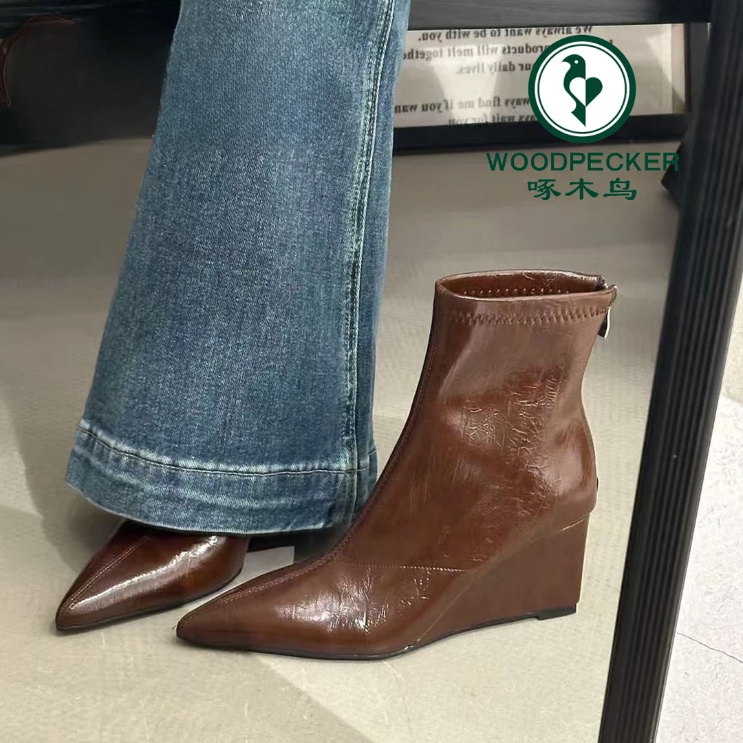 啄木鸟后拉链短靴女显腿长气质尖头短靴女秋坡跟小个子弹力瘦瘦靴