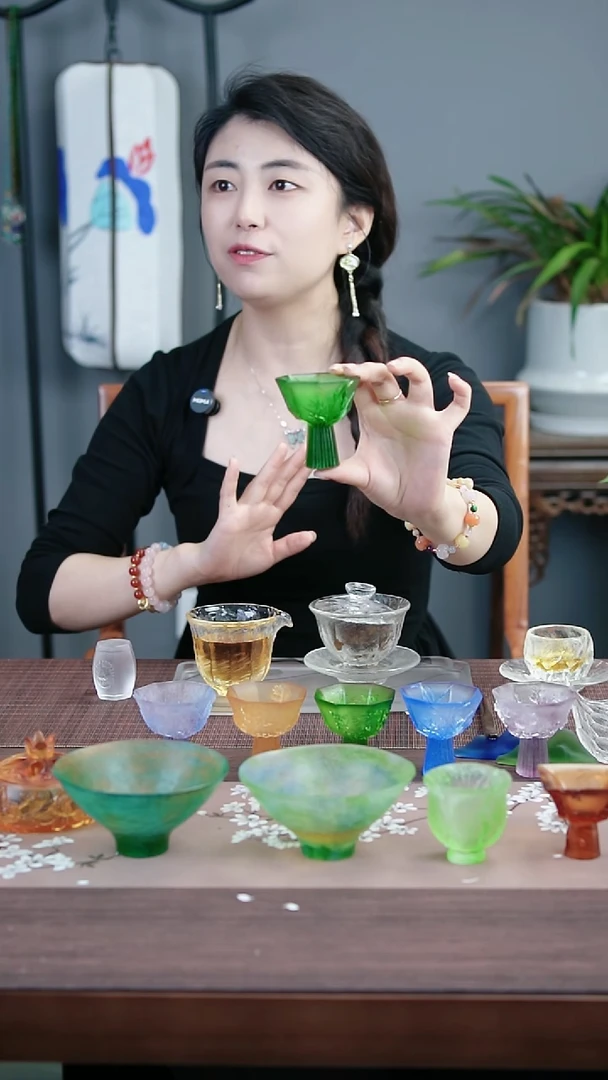 茶盏古法琉璃兰花雕花绿色高足茶盏