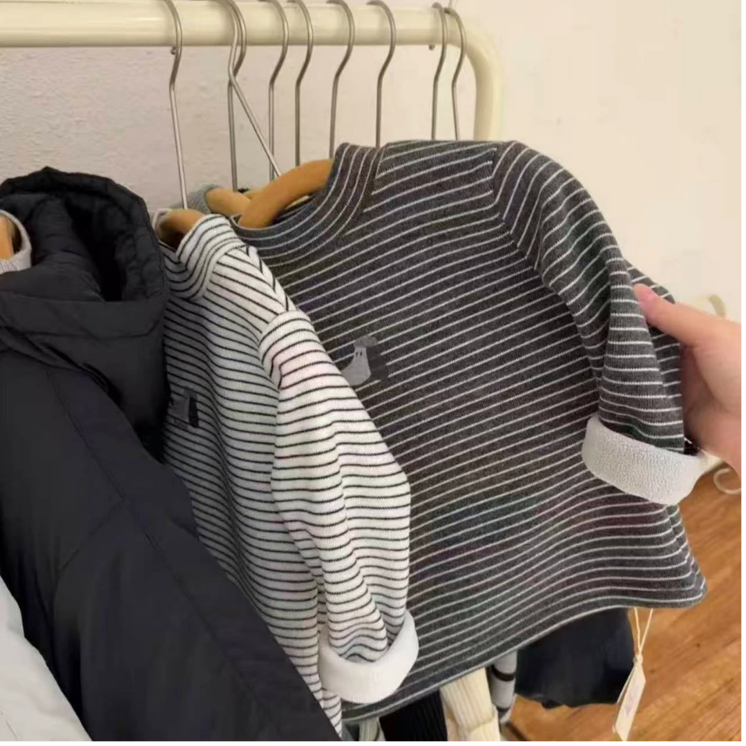 男童加绒打底衫条纹长袖t恤2025秋冬新款韩系中小童儿童保暖上衣