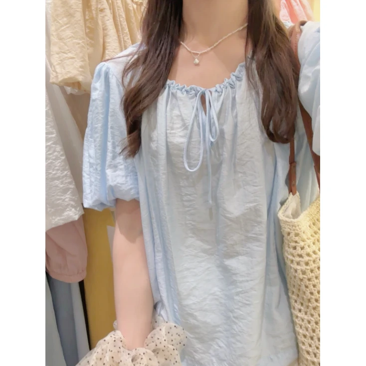 9122#MRA#『23%天丝』温柔气质简约百搭抽绳宽松短袖小衫（福利）