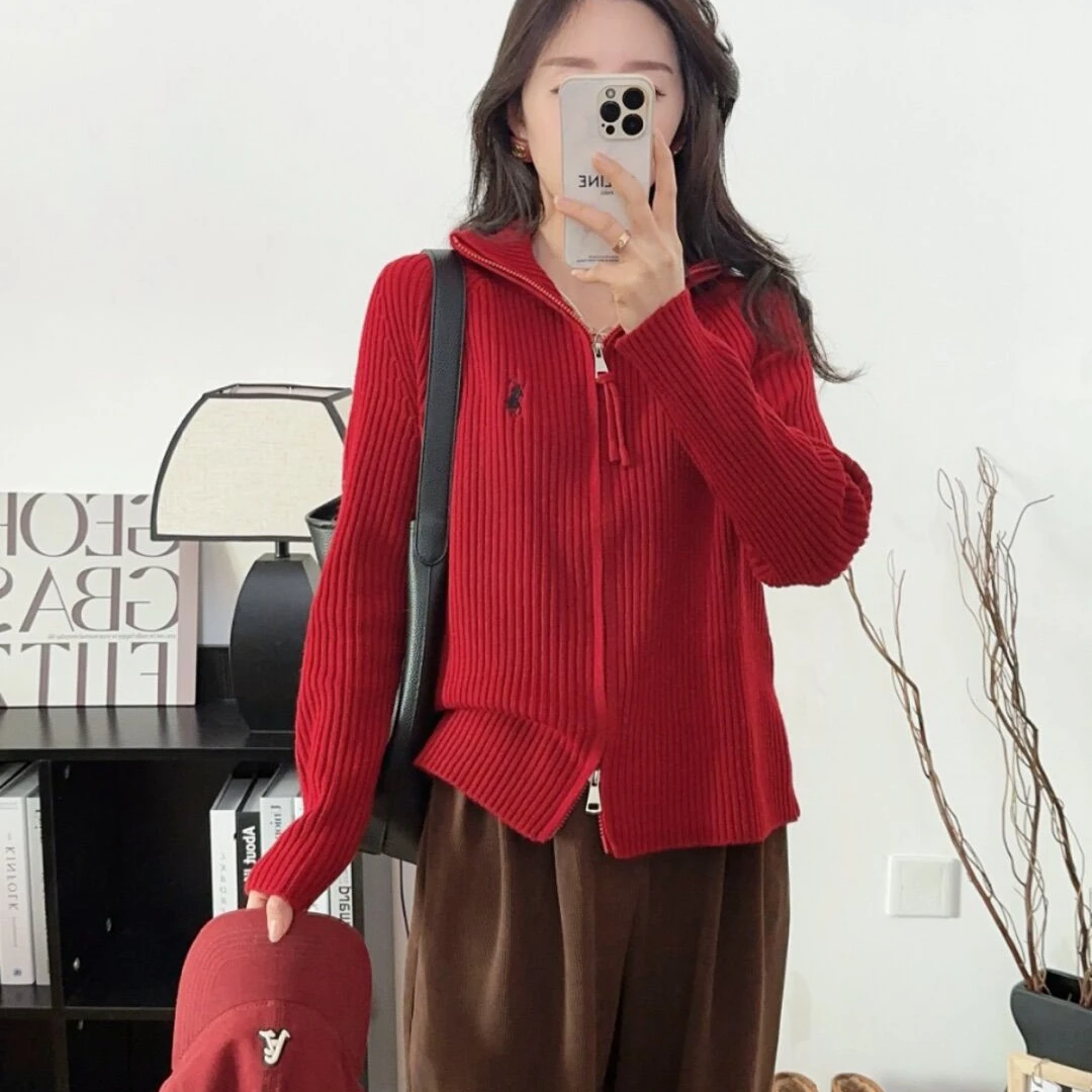 2025氛围感红色毛衣外套女早春新针织开衫宽松慵懒风外套