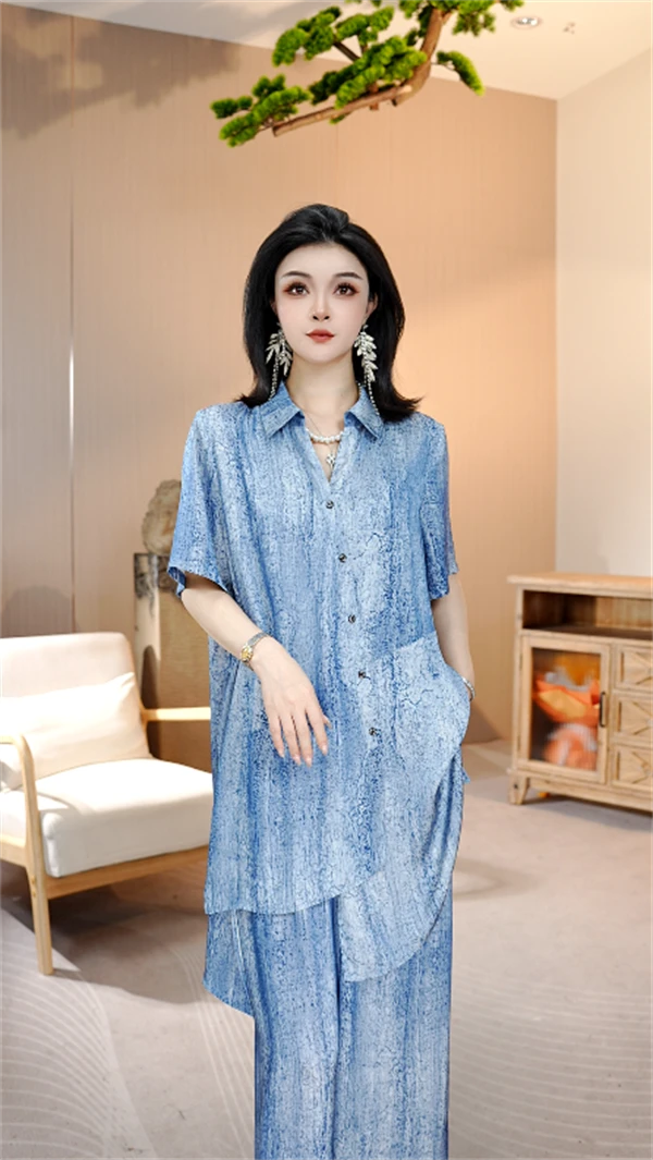 夏款上新【蓝墨】时尚上档次洋气高档上衣裤子套装-7162#