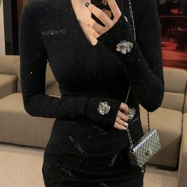 【OS&oneshow】2025秋冬款名媛高级气质黑色高奢满天星上衣鱼尾裙套