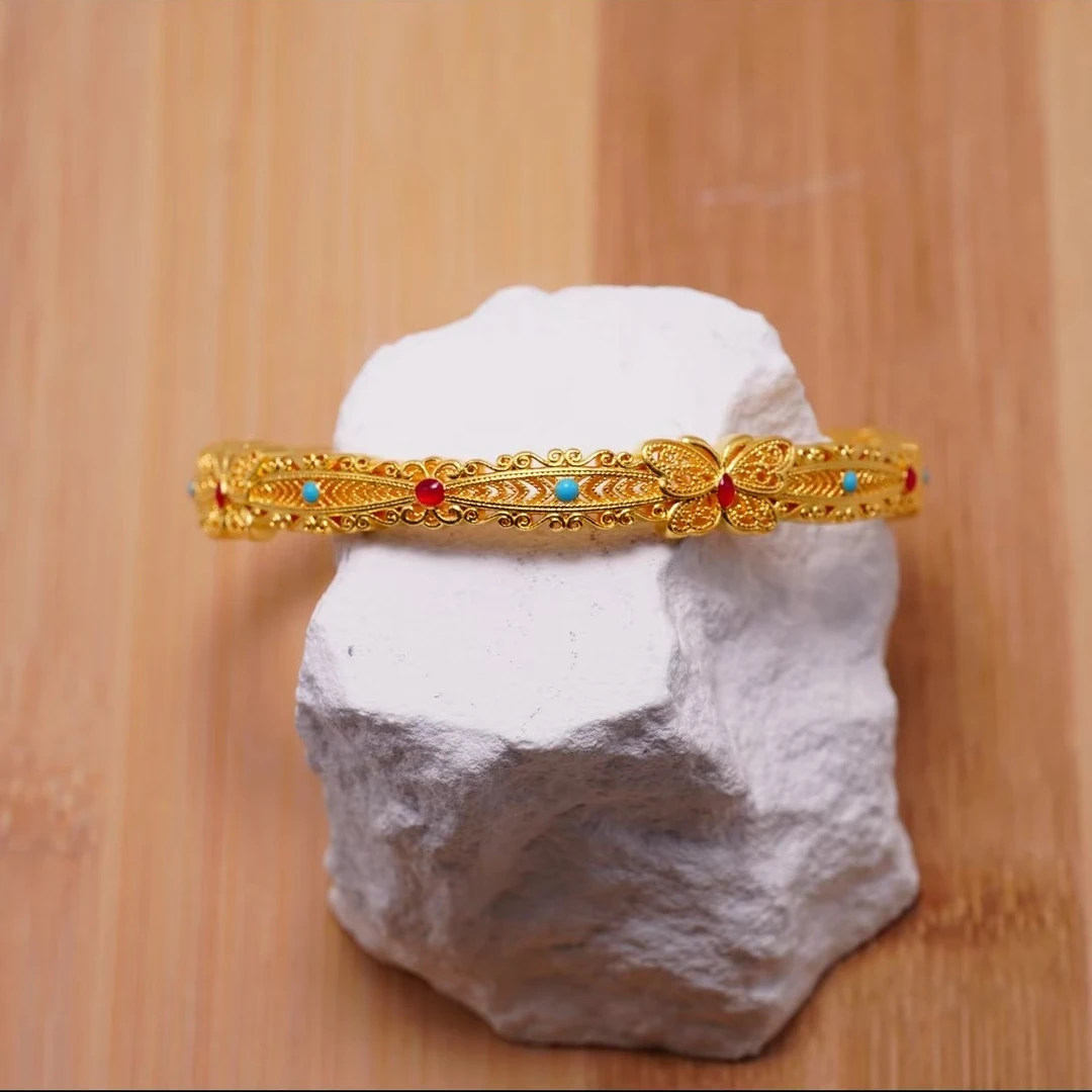 足银手镯 足银999实心时尚传承复古珐琅彩蝴蝶手镯百搭经典不掉