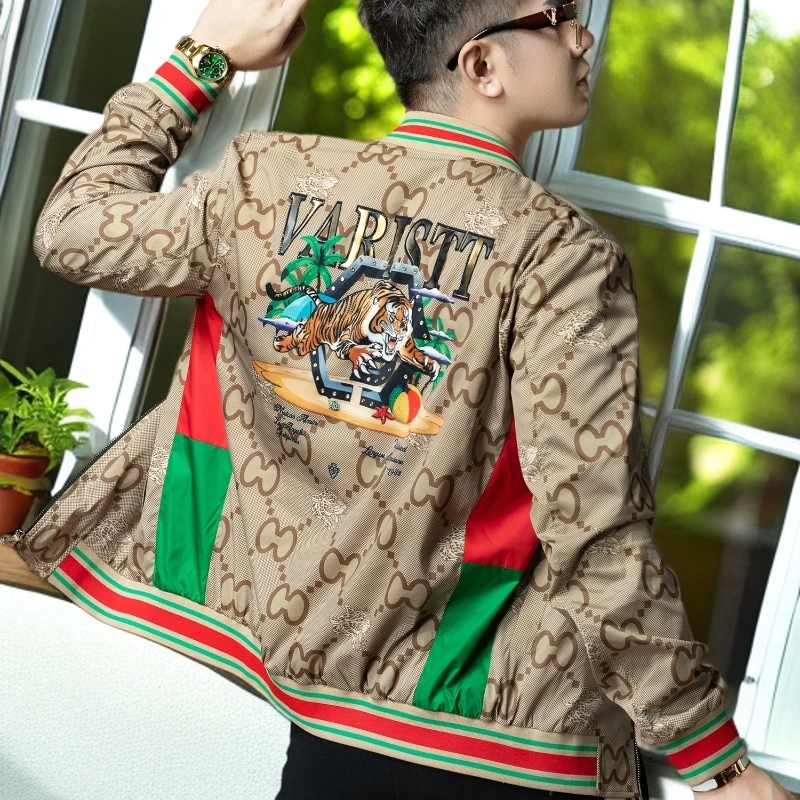 娜罗普西新款秋冬潮牌猛虎印花翻领外套休闲夹克男装上衣男款秋装