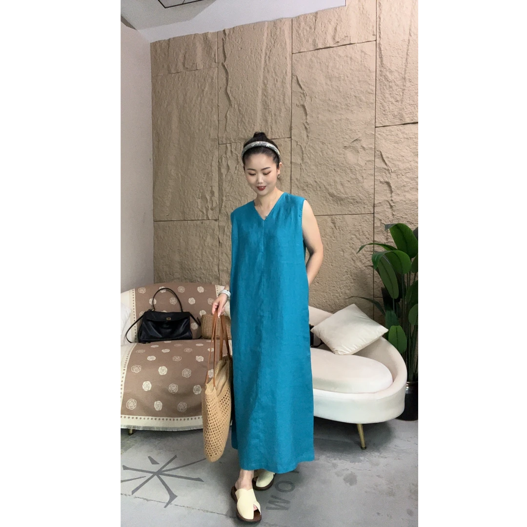 思伶-100%亚麻-V领背心裙无袖长款优雅女神裙(裙长116-117-118)