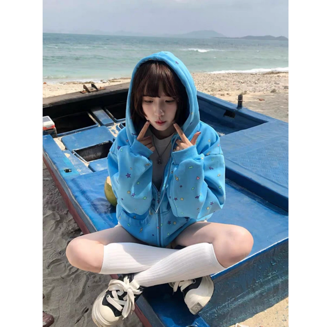 国潮牌美式复古蓝色连帽卫衣男女春秋宽松设计感小众休闲百搭开衫