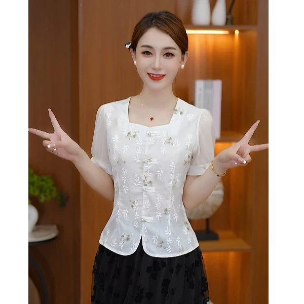 2025新中式洋气减龄年轻妈妈装雪纺小衫新款国风设计感短袖女上衣