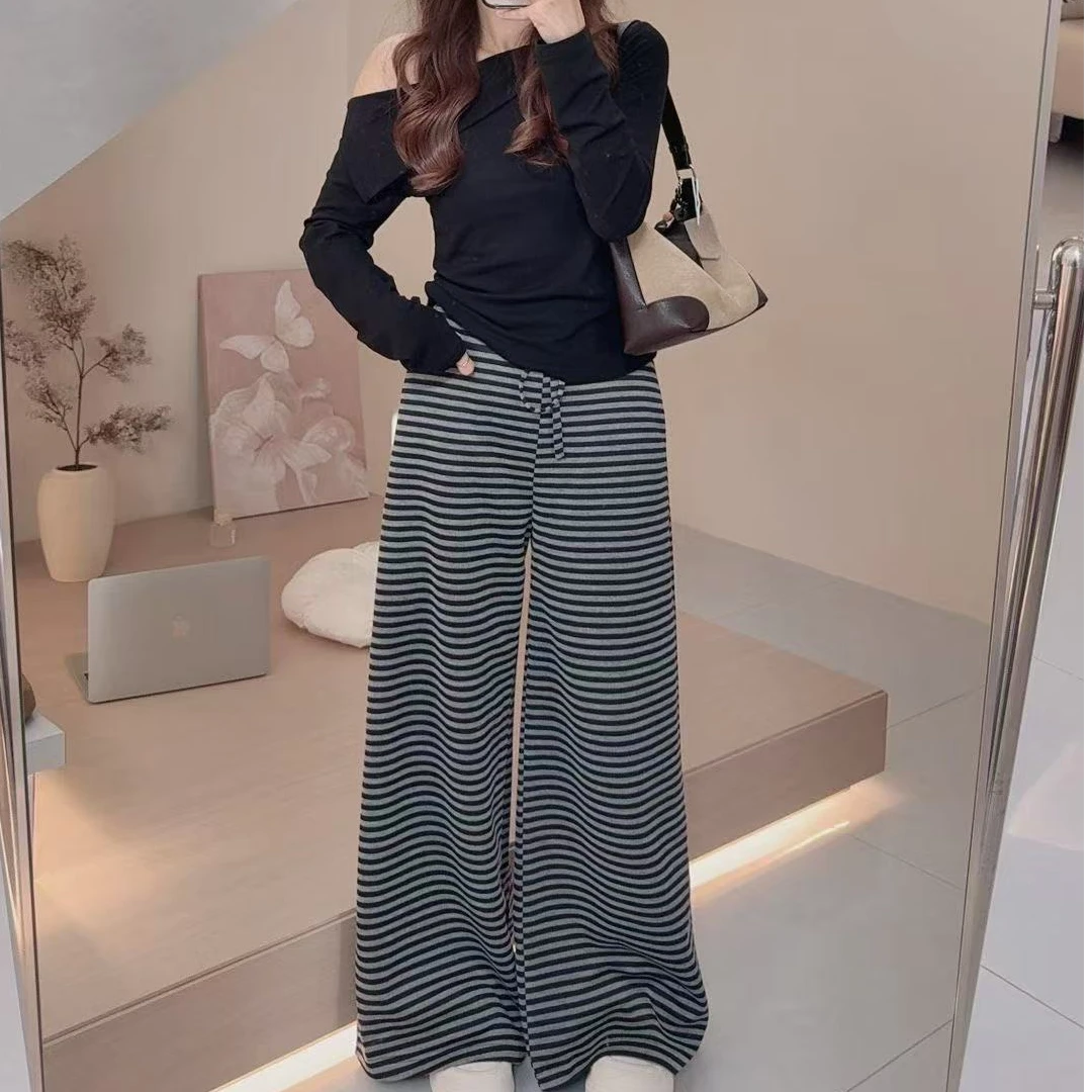 ouran 秋季新款G1669百搭显瘦抽绳条纹休闲裤