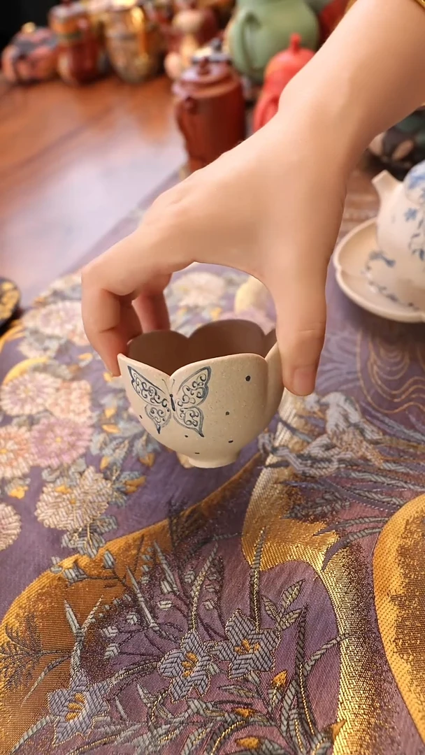 茶壶紫砂白玉段蝴蝶杯