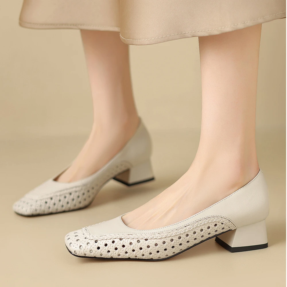 牛皮3.5公分真皮方头舒适中跟浅口单鞋镂空编织粗跟软底通勤女鞋