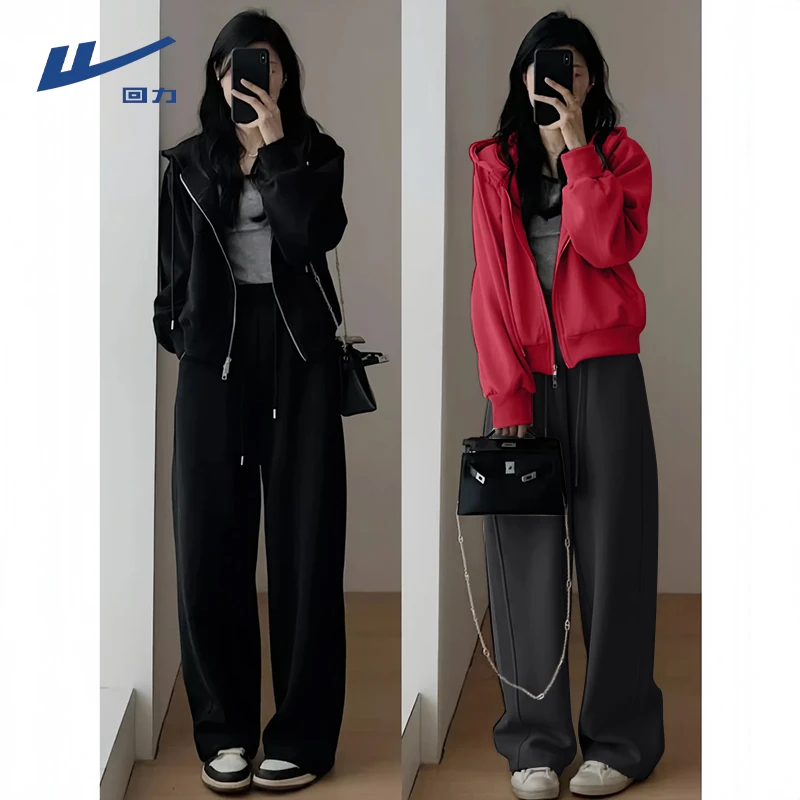回力休闲套装女2025新款秋季运动连帽开衫阔腿裤初中生早秋穿搭X