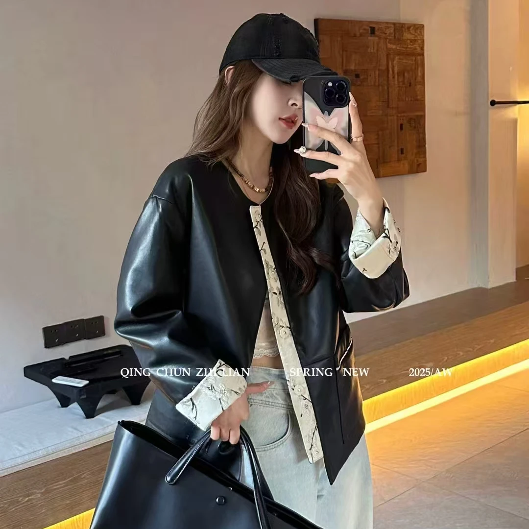 两面穿设计皮衣外套女2025早春新款撞色中式国风刺绣提花夹克上衣