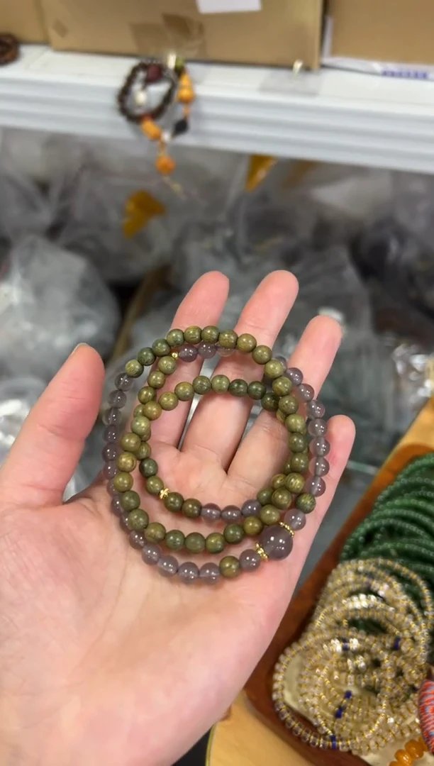 【闪购商品】维腊木（绿檀）手串未镶嵌绿檀木烟紫玛瑙多圈[0790]
