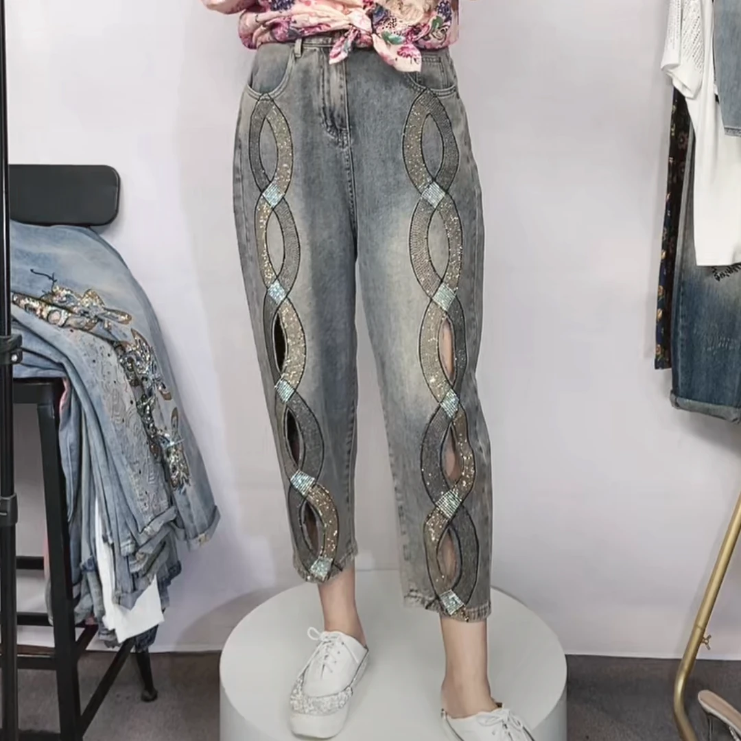牛仔裤女2025夏潮牌时尚镂空大码烫钻休闲百搭胖妹妹重工老爹裤