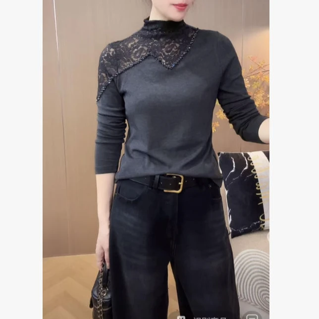 【7090】新品时尚钉珠镂空半高领长气质纯色百搭上衣