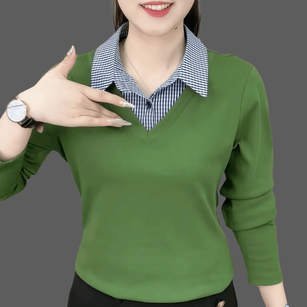 春季新款时尚洋气精选简约翻领撞色格子百搭显瘦减龄上衣长袖顺