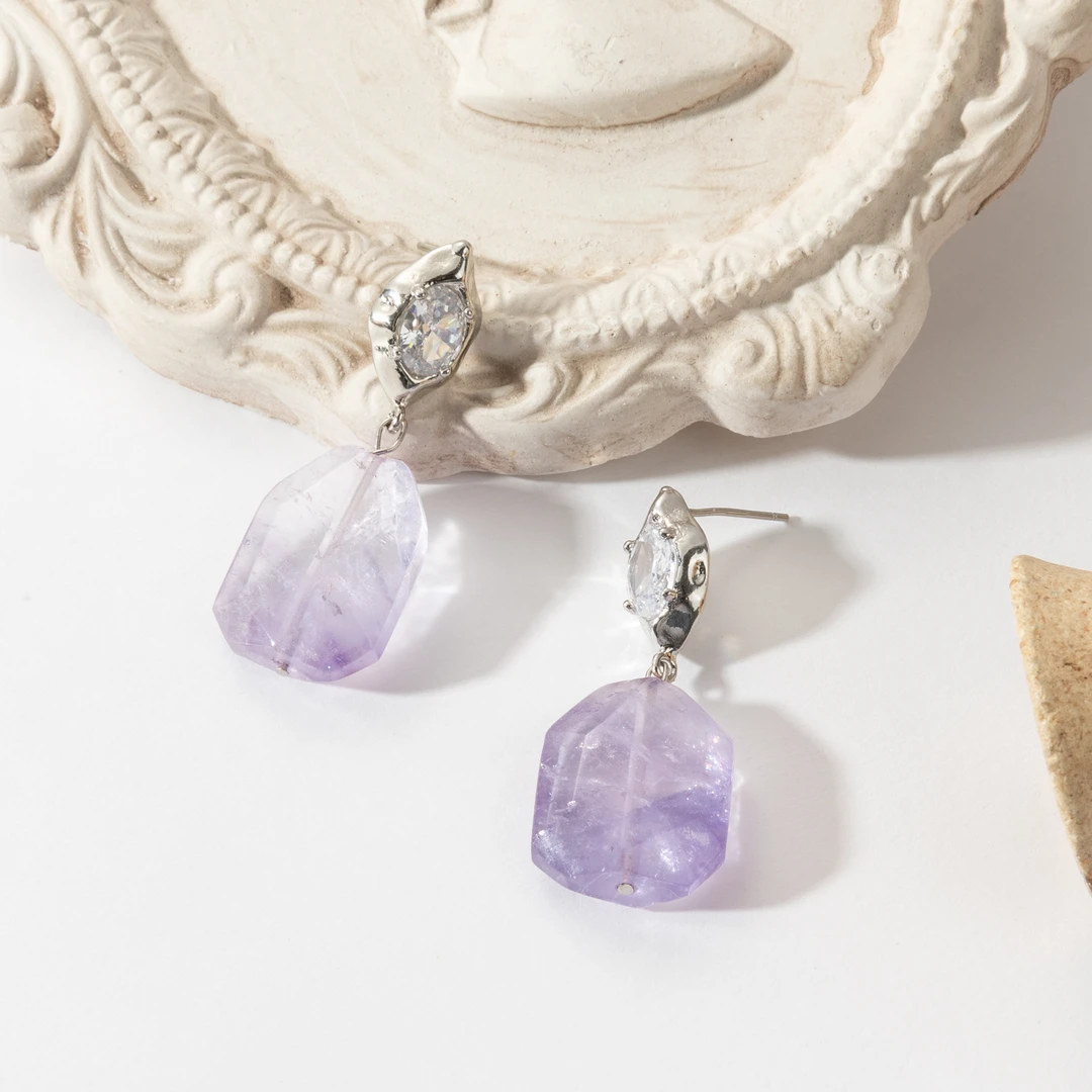 紫藤萝16*21mm天然紫水晶法式浪漫复古耳环