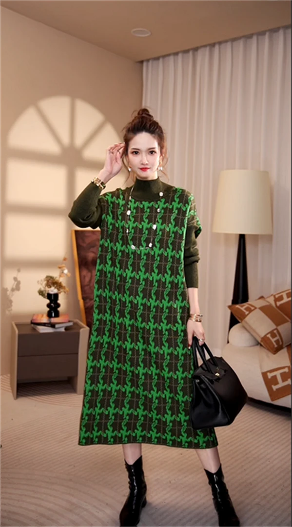 高端品质【格林小镇】秋冬宽松显白针织高级毛衣打底连衣裙-6605#