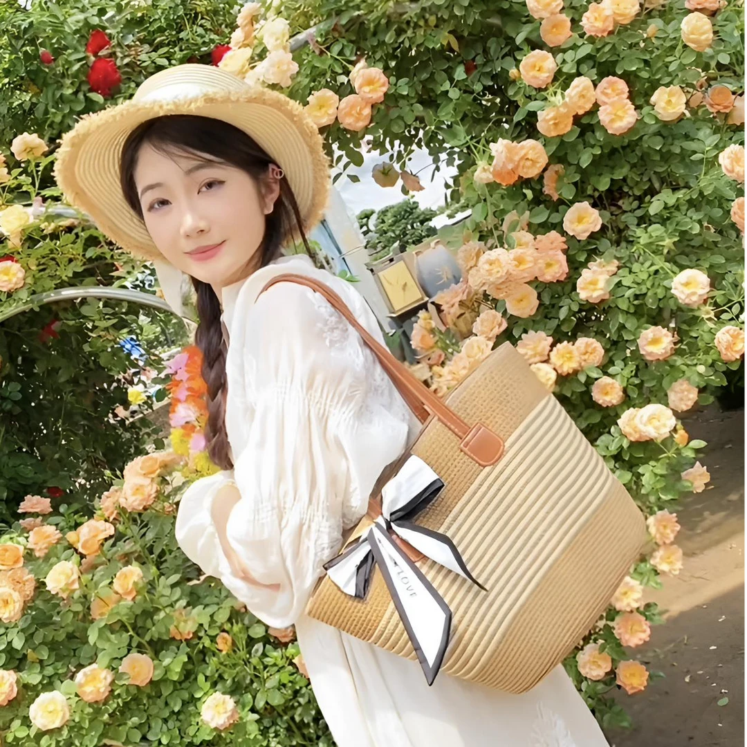 2025爆款条纹草编包编织单肩女包网红款沙滩包拉链款时尚百搭夏季