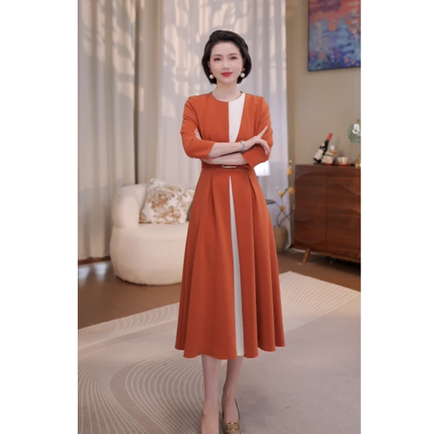 MEXCOCO/兰瑟儿春新款气质通勤优雅收腰显瘦撞色连衣裙105CL9340