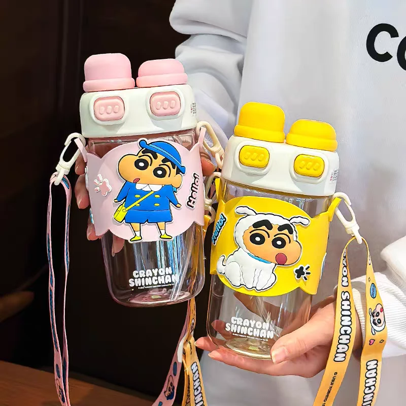 蜡笔小新儿童塑料杯可爱男女学生上学高颜值双饮大容量吸管杯