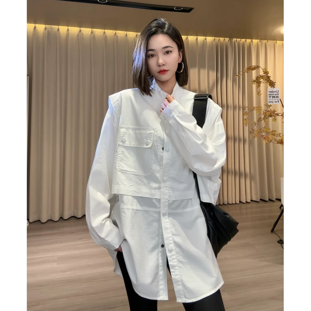 【安童森定制】休闲衬衫外套女立领中长款假两件拼接马甲设计8303