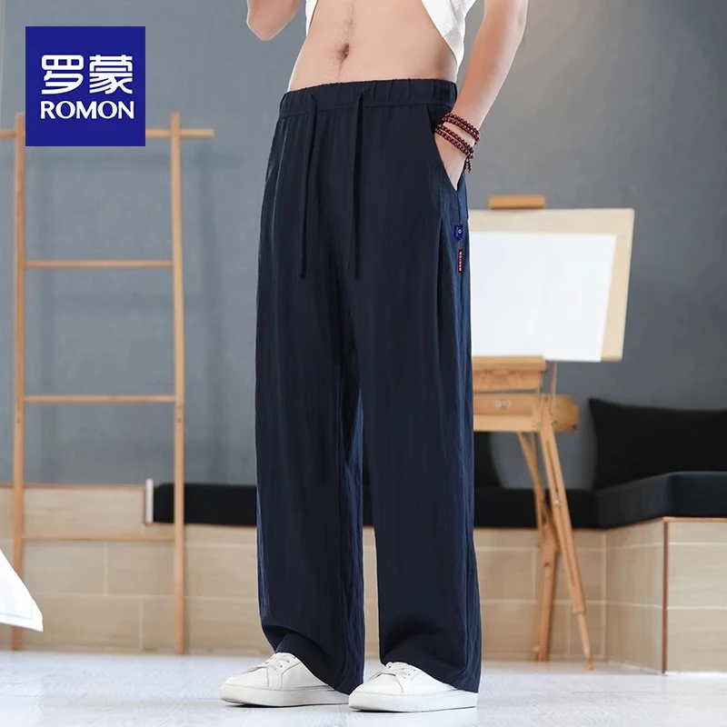 罗蒙夏季亚麻冰丝休闲裤男士宽松直筒休闲阔腿垂感薄款长裤子男款