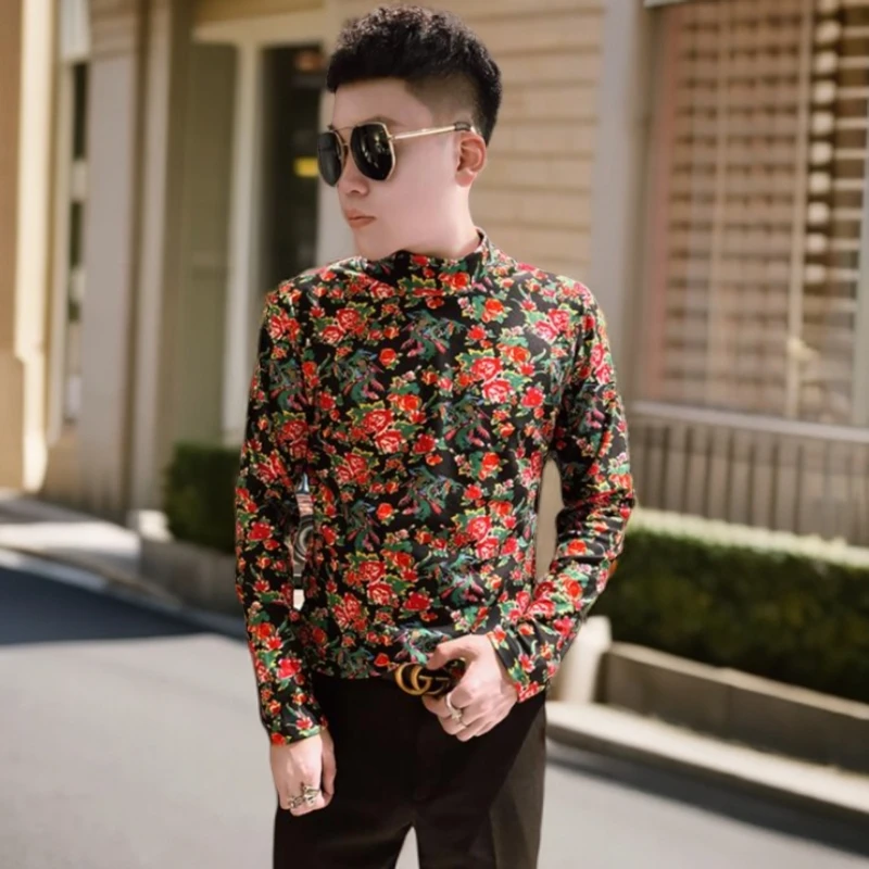 时尚潮流半高领印花长袖T恤单面绒个性花色修身打底衫男装体恤