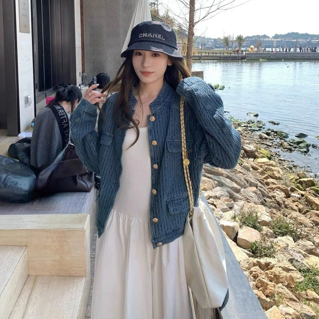 新款宽松夹克复古小香风编织牛仔外套女韩系高级感气质百搭上衣潮