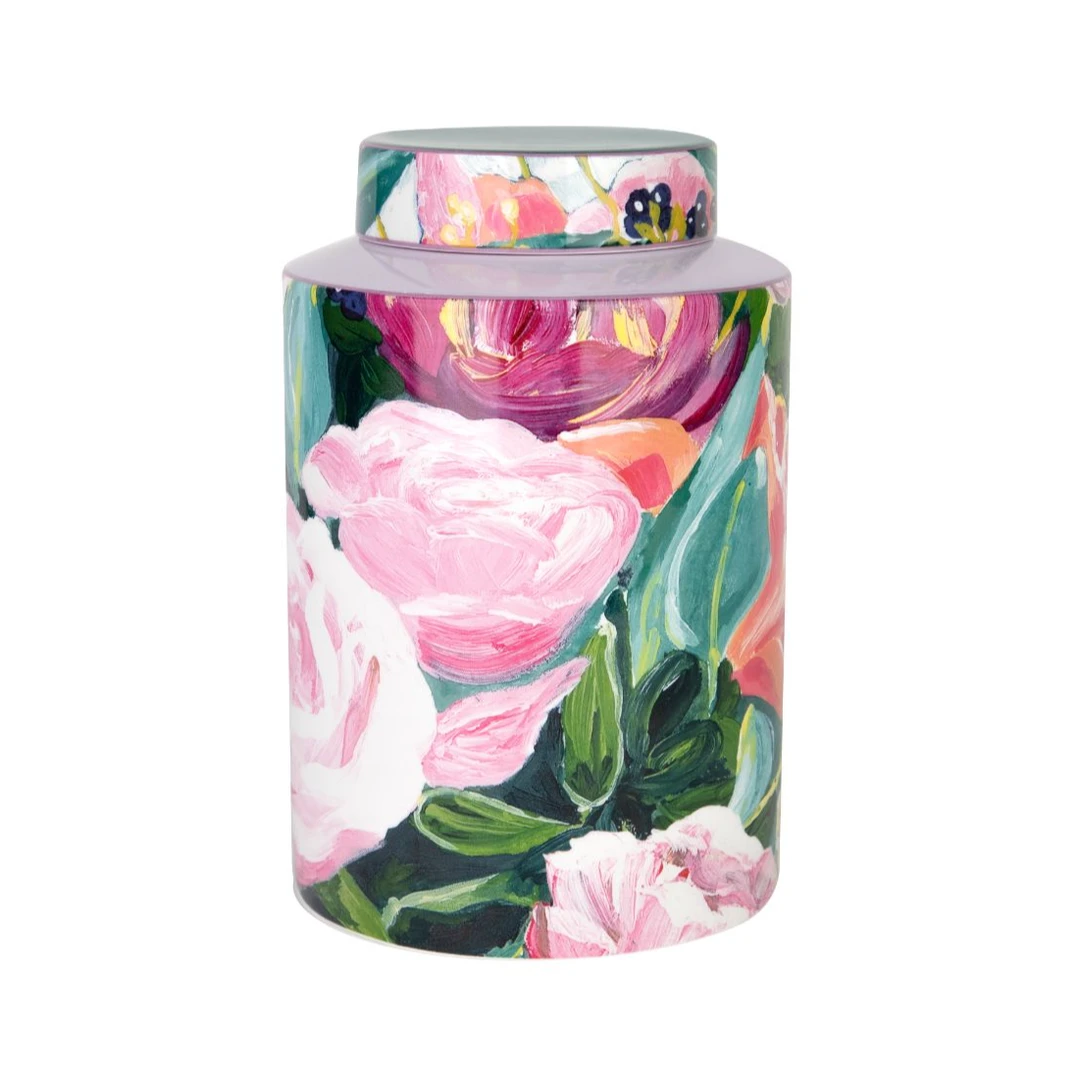 【TD家】2.3L 油画玫瑰 带盖花瓶 大容量储物罐 密封罐 礼盒装20*14