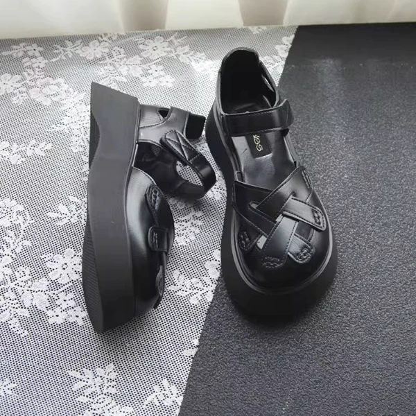 镂空包头凉鞋女厚底2025春夏休闲编织带罗马鞋配裙子魔术贴猪笼鞋