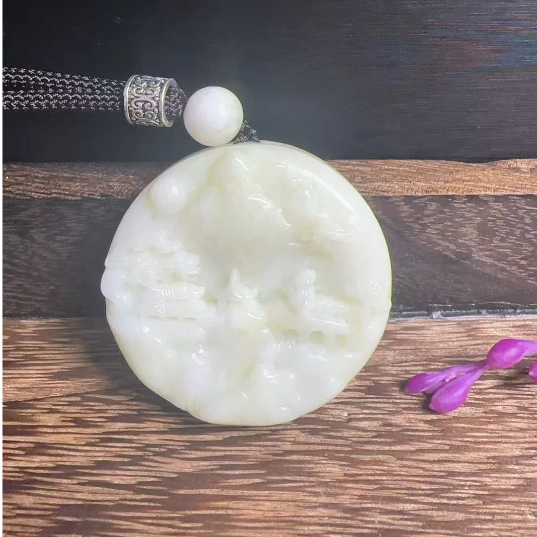 【龍帝专属】天然双生玉龙冰纹山水吊坠50X50MM（多样性发货一个）A12