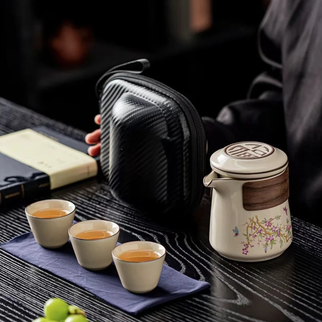 紫藤花汝窑旅行功夫茶具套装便携式快客杯茶水分离B003ay