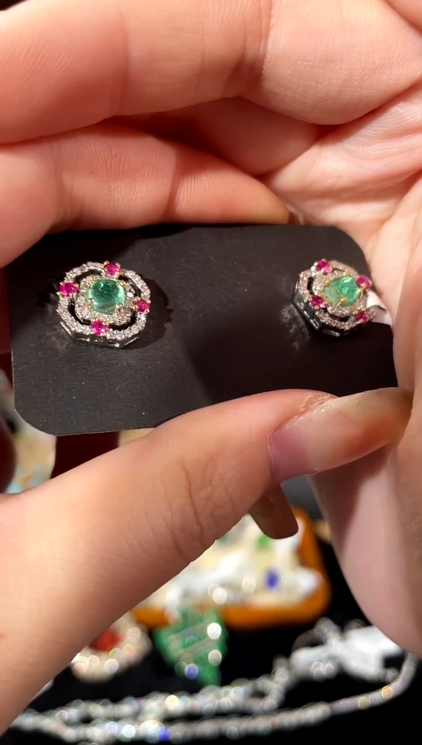 耳饰银S925镶嵌祖母绿耳饰