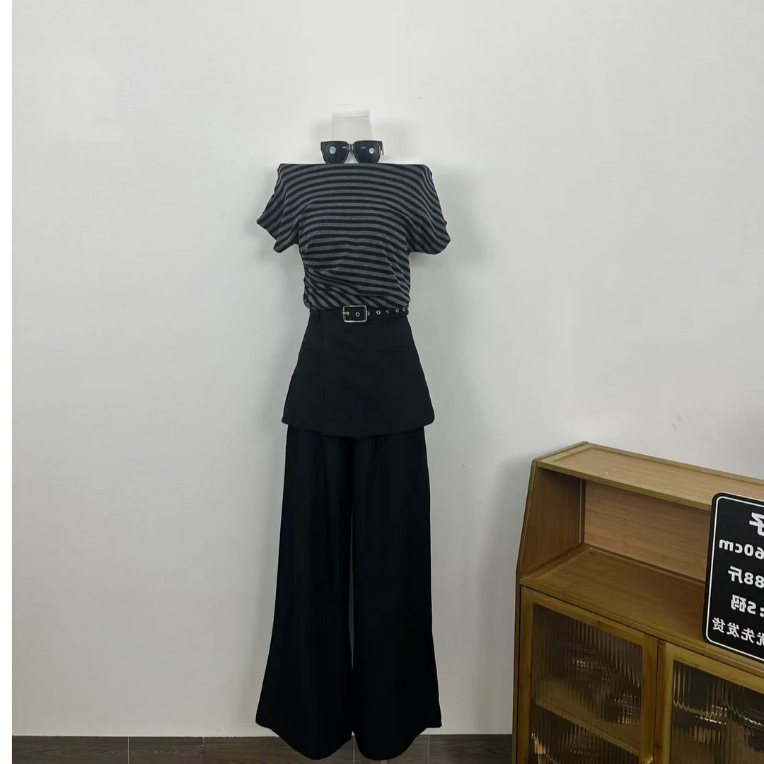 夏季超酷穿搭两件套 黑色阔腿裤带腰带+条纹百搭上衣