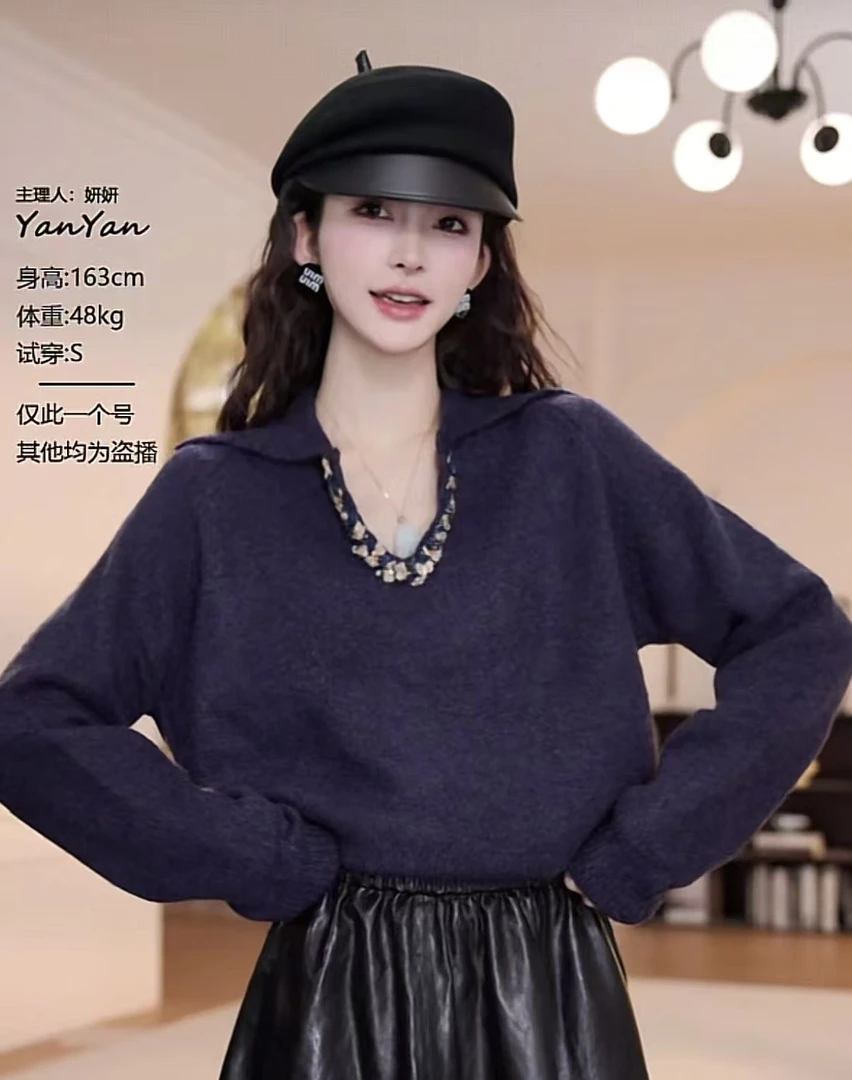 【YANYAN】早秋新款纯色polo翻领V领毛衣开衫长袖YY-8835