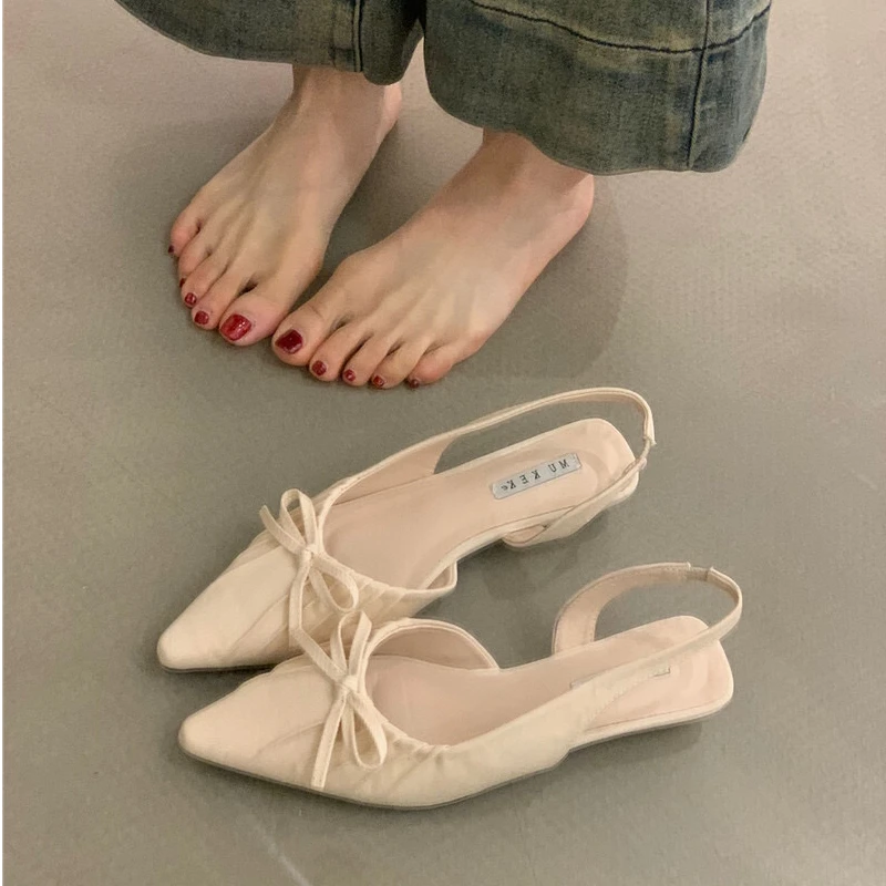 219-7 法式小众包头凉鞋2025年春季气质蝴蝶结方头浅口坡跟高跟鞋