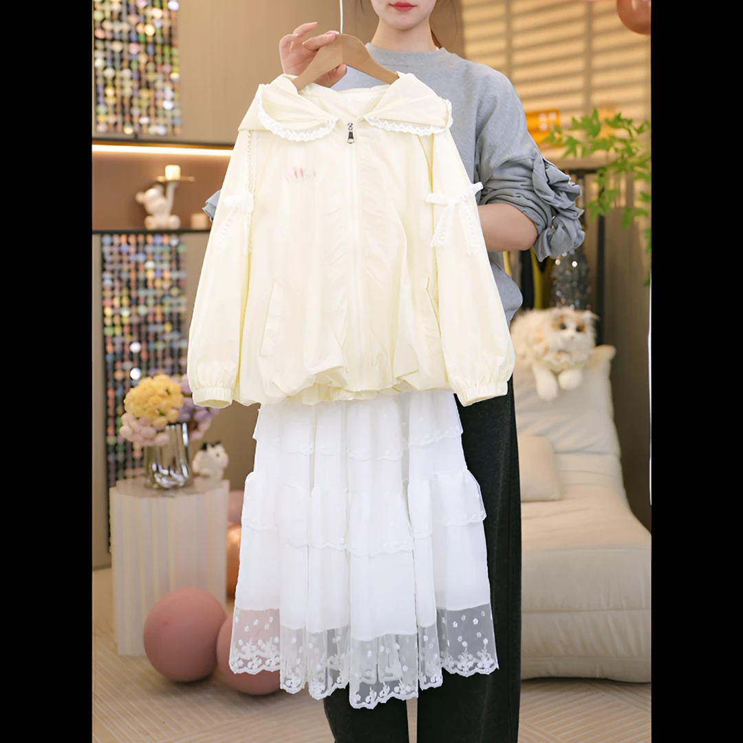 女童蕾丝花边连帽上衣套装2025新款洋气女孩时髦韩系半身裙两件套