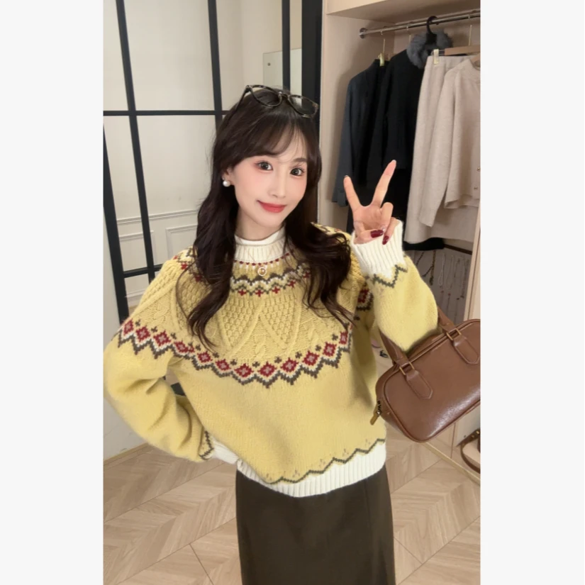 法式复古撞色费尔岛长袖毛衣秋冬慵懒风设计感保暖毛衣SS7339