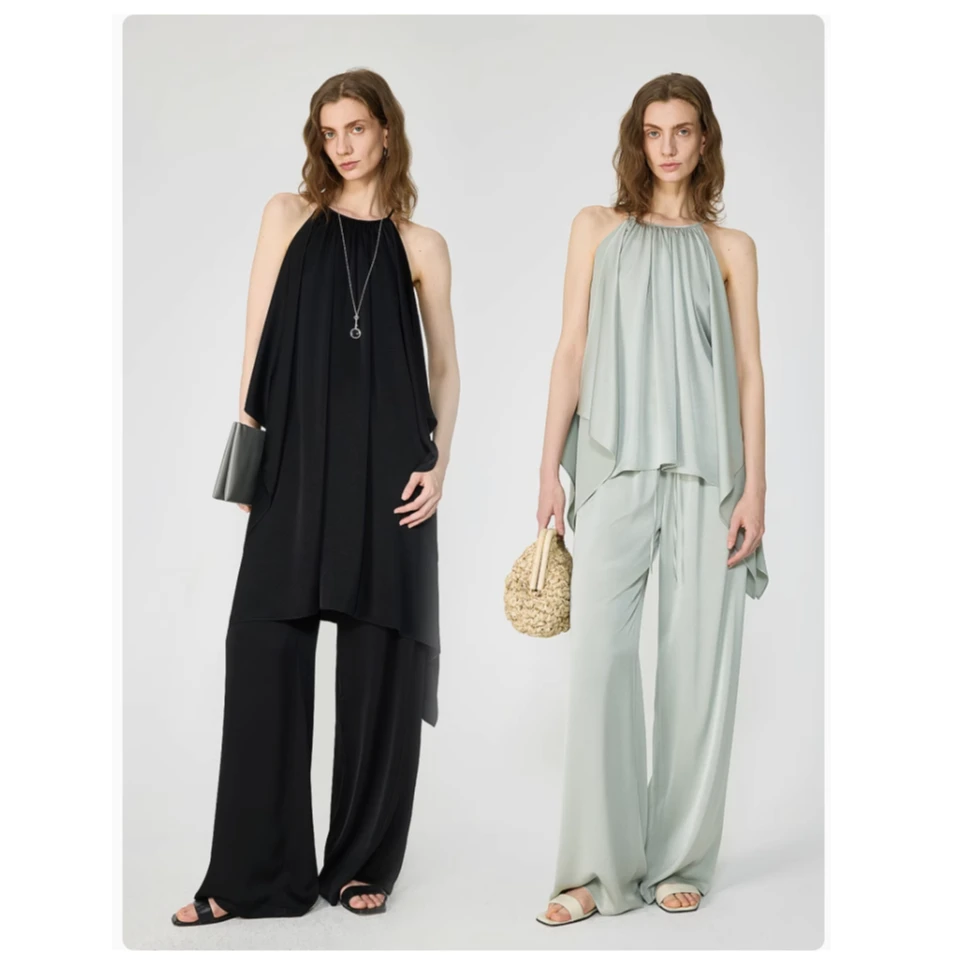 开间/日本进口柔光轻盈三醋酸 挂脖后系带时髦显瘦直筒空气裤套装