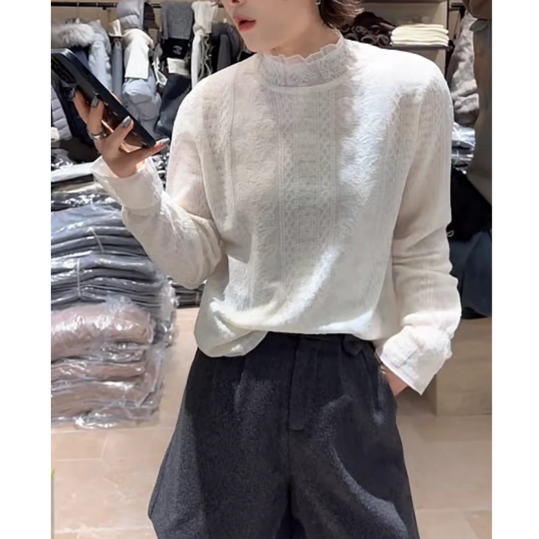 【格子家】冬季中领提花拼接蕾丝上衣B546