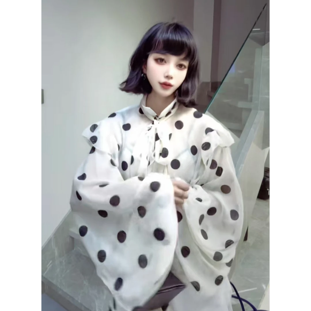 3379波点衬衫女荷叶边拼接系带2025早春新款气质别致法式长袖上衣