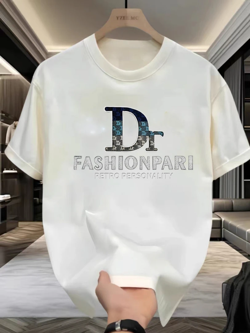 夏季时尚宽松印花潮流春夏卡通圆领设计感纯棉短袖-蓝D