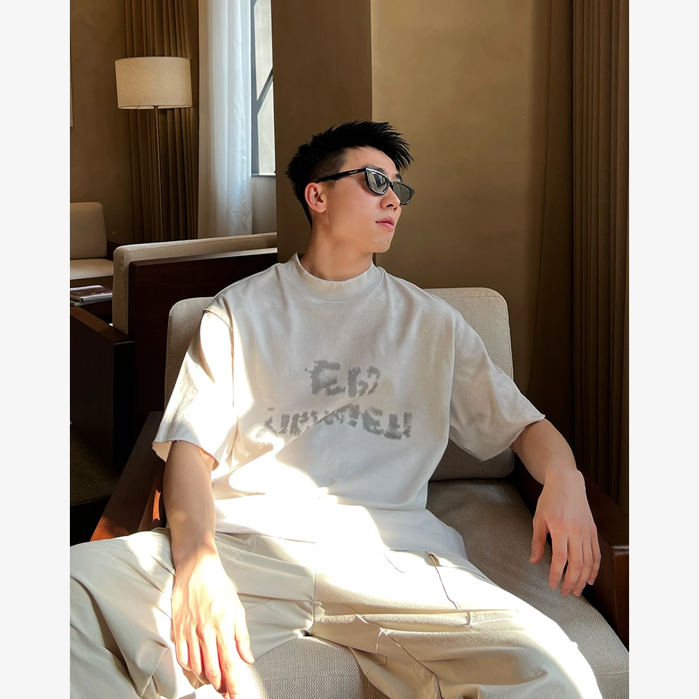 YIHAO STUDIO夏季新款男士重磅水洗休闲T恤纯棉百搭圆领宽松短袖
