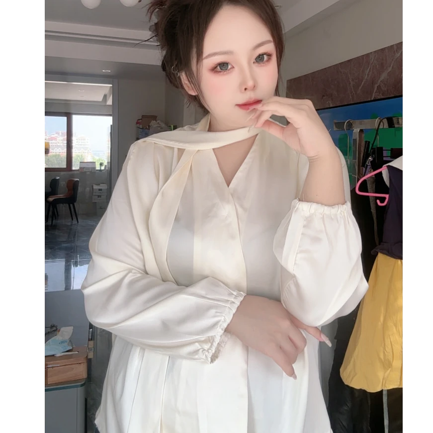 新款大码宽松型V字领长袖系带仙女风衬衫衬衣法式赫本风阁6709
