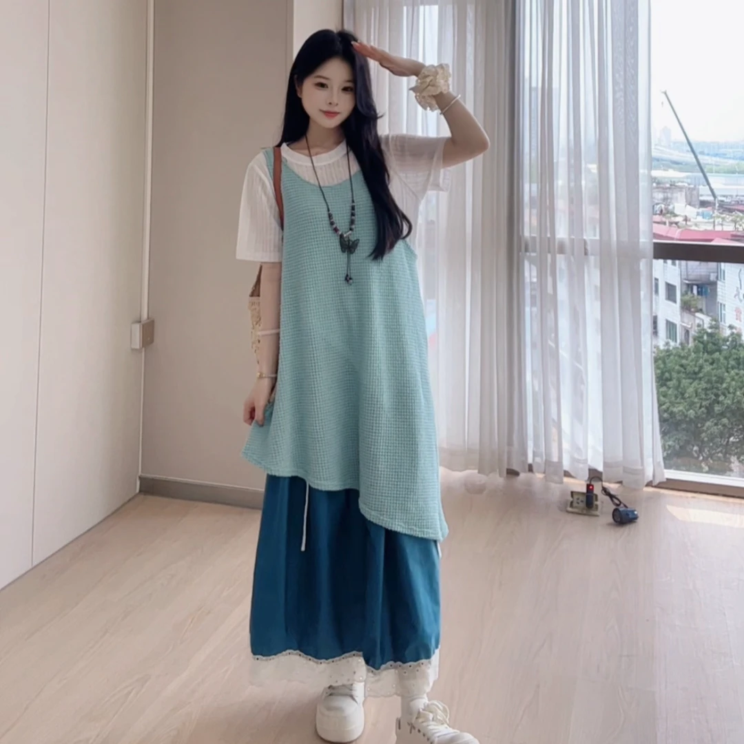 2025夏季新款三件套叠穿度假风吊带连衣裙花边半身裙T恤女1
