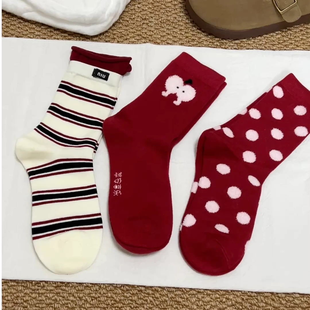 【节日组合款】3双新年红红色圣诞氛围感创意女袜本命年红色袜子