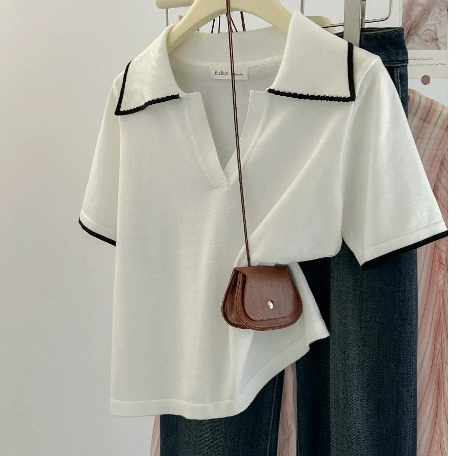 【80-200斤】高级感Polo领冰丝短袖T恤女宽松显瘦撞色法式上衣夏装