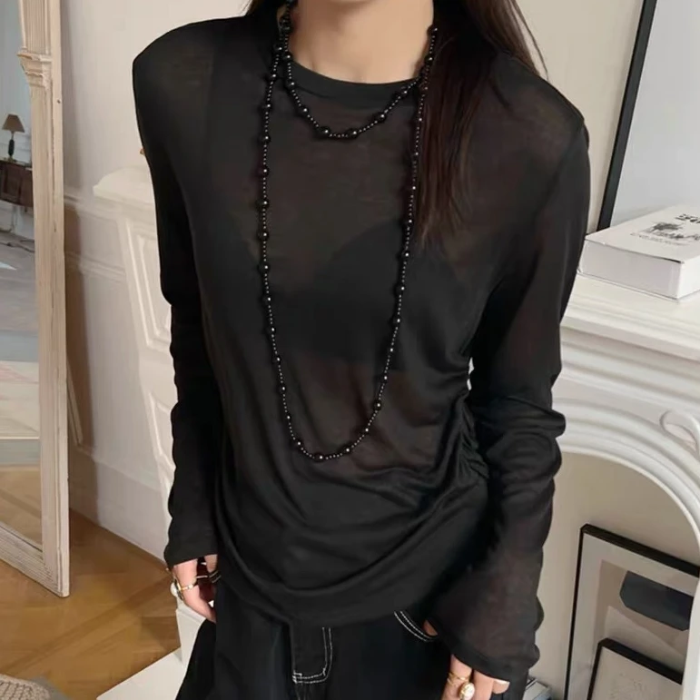 055#后背镂空开叉长袖t恤女士薄款春季休闲宽松防晒罩衫百搭上衣